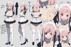Rule 34 | 1girl, black ribbon, breasts, character sheet, dress, grey background, headband, high heels, large breasts, looking at viewer, maid, maid headdress, monochrome background, multiple views, open mouth, original, pink hair, red eyes, ribbon, shaded face, shirasu uni, short hair, siblings, simple background, skirt, smile, standing, thighhighs, thighs, white hair, white thighhighs