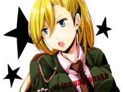 Rule 34 | 1girl, blonde hair, blue eyes, breasts, bunmare, earrings, female focus, jewelry, long hair, military, military uniform, naruto, naruto (series), necktie, open mouth, solo, star (symbol), uniform, white background, yamanaka ino