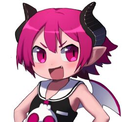 Rule 34 | 1girl, blush, demon girl, demon horns, demon wings, disgaea, fang, flat chest, horns, looking to the side, open mouth, pink eyes, pink hair, pointy ears, raspberyl, short hair, smile, smug, solo, upper body, wings, wuju (1198979953)