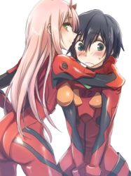 Rule 34 | 10s, 1boy, 1girl, aqua eyes, ass, black hair, blush, bodysuit, breasts, commentary request, cosplay, couple, darling in the franxx, evangelion: 3.0 you can (not) redo, green eyes, hand on another&#039;s neck, herozu (xxhrd), hetero, hiro (darling in the franxx), horns, long hair, looking back, medium breasts, neon genesis evangelion, oni horns, pilot suit, pink hair, plugsuit, rebuild of evangelion, red bodysuit, red horns, short hair, souryuu asuka langley, souryuu asuka langley (cosplay), sweatdrop, zero two (darling in the franxx)