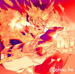 Rule 34 | 1boy, beard, blood, blood on face, blue bodysuit, blue eyes, bodysuit, boku no hero academia, endeavor (boku no hero academia), facial hair, fiery hair, fighting stance, fire, looking to the side, lowres, male focus, mature male, muscular, muscular male, ono (ohno ha), red hair, scar, scar across eye, scar on face, short hair, sideburns, smirk, solo, spiked hair, upper body