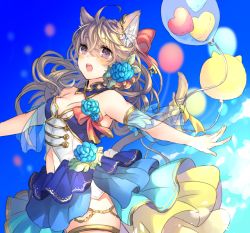 Rule 34 | 1girl, ahoge, animal ear fluff, animal ears, bad id, bad pixiv id, balloon, bare shoulders, blue collar, blue flower, blue rose, blue skirt, blue sky, blush, bow, breasts, brown hair, cat ears, cat girl, cat tail, collar, commentary request, day, detached collar, fingernails, flower, hair between eyes, hair bow, hair flower, hair ornament, heart, layered skirt, long hair, navel, open mouth, original, outdoors, outstretched arms, purple eyes, red bow, rose, shikino yuki, skirt, sky, small breasts, solo, spread arms, strapless, tail, tail raised, very long hair