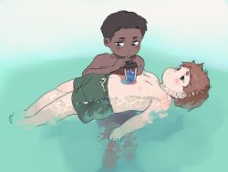 Rule 34 | 2boys, afloat, artist request, be (ronironibebe), black hair, brown hair, clyde donovan, cup, dark-skinned male, dark skin, disposable cup, drawstring, drinking, drinking straw, floating, green male swimwear, green swim trunks, holding, male focus, male swimwear, multiple boys, partially submerged, short hair, south park, swim trunks, swimsuit, token black, water