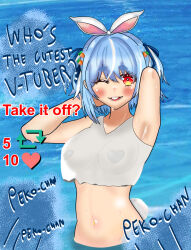 Rule 34 | 1girl, animal ears, armpit crease, armpits, arms behind head, arms up, bathing, beach, blue hair, blush, breasts, buck teeth, carrot, carrot hair ornament, crop top, eddarxart, english text, fanservice, food-themed hair ornament, hair ornament, hololive, hololive fantasy, in water, looking at viewer, medium breasts, meme, multicolored hair, navel, navel piercing, ocean, partially submerged, pasties, piercing, rabbit ears, rabbit girl, rabbit tail, red eyes, solo, stomach, strip game, tail, teeth, thick eyebrows, two-tone hair, usada pekora, virtual youtuber, water, white hair