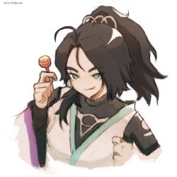 Rule 34 | 1girl, absurdres, animification, black hair, candy, commentary, cropped torso, english commentary, fathan.ma, food, green eyes, grey robe, highres, holding, holding candy, holding food, holding lollipop, licking lips, lollipop, medium hair, ponytail, robe, sage (valorant), smile, solo, tongue, tongue out, upper body, valorant, white background