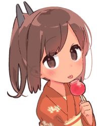 Rule 34 | 1girl, blush, brown eyes, brown hair, candy apple, commentary, ears visible through hair, food, i-401 (kancolle), japanese clothes, kantai collection, kimono, looking at viewer, ponytail, simple background, solo, tan, tongue, tongue out, upper body, white background, yoru nai, yukata