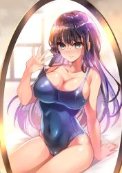 Rule 34 | 1girl, black hair, blue one-piece swimsuit, breasts, cameltoe, cleavage, collarbone, commentary request, competition school swimsuit, covered navel, green eyes, highres, large breasts, mirror, one-piece swimsuit, original, school swimsuit, shimaji, sitting, solo, strap gap, swimsuit, window