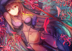 Rule 34 | 1girl, armor, bodysuit, breasts, covered navel, dying0414, fate/grand order, fate (series), flower, gae bolg (fate), highres, long hair, lying, on back, pauldrons, petals, polearm, purple bodysuit, purple hair, red eyes, scathach (fate), scathach (fate), shoulder armor, solo, spear, spider lily, veil, weapon