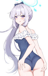 Rule 34 | 1girl, absurdres, ass, bare shoulders, blue archive, grey hair, highres, kurigura (sketch san), long hair, miyako (blue archive), ponytail, purple eyes, smile, solo, swimsuit, tongue