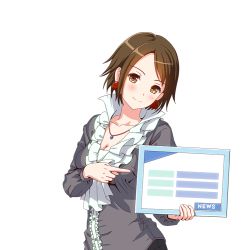 Rule 34 | 1girl, blush, breasts, brown eyes, brown hair, cleavage, earrings, frills, grey shirt, idol wars z, jewelry, looking at viewer, nagato haruka, necklace, official art, pointing, shirt, short hair, small breasts, smile, standing, tablet pc, third-party source, transparent background