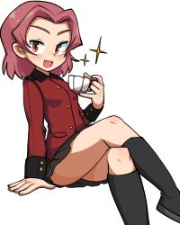Rule 34 | 10s, 1girl, :d, black socks, black skirt, buttons, crossed legs, cup, fang, girls und panzer, holding, holding cup, kneehighs, lakilolom, long sleeves, military, military uniform, miniskirt, open mouth, orange eyes, pink hair, pleated skirt, rosehip (girls und panzer), short hair, simple background, sitting, skirt, smile, socks, solo, sparkle, st. gloriana&#039;s military uniform, teacup, uniform, white background