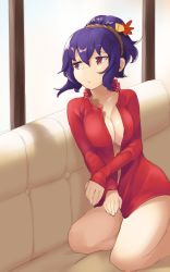 Rule 34 | 1girl, alternate hairstyle, amekosame, bad id, bad twitter id, bottomless, breasts, cleavage, collarbone, couch, hair ornament, hair up, highres, kneeling, large breasts, long sleeves, naked shirt, open clothes, open shirt, purple hair, red eyes, shirt, short hair, sitting, solo, touhou, yasaka kanako