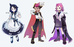 Rule 34 | 1boy, 2girls, alternate costume, apron, black footwear, black gloves, black hair, black headwear, boots, buttons, closed mouth, commentary request, cowlick, creatures (company), dark-skinned male, dark skin, dot (pokemon), game freak, gloves, hair ornament, hairclip, hand on own hip, hand up, hat, highres, index finger raised, liko (pokemon), looking at viewer, multiple girls, nintendo, pants, pantyhose, pink hair, pokemon, pokemon (anime), pokemon horizons, roy (pokemon), shirt, shoes, short sleeves, standing, waist apron, white background, white gloves, white pantyhose, white shirt, ykt (yorktin fake)