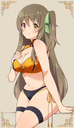 Rule 34 | assault lily, bikini, brown hair, hair ribbon, hand on own chest, heterochromia, highres, kuo shenlin, long hair, motsutoko, navel, ribbon, simple background, smile, solo, swimsuit