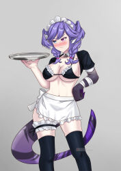Rule 34 | 1girl, absurdres, apron, asymmetrical arms, azurecruiser, bikini, blue eyes, blush, breasts, dragon girl, dragon tail, head wings, heterochromia, highres, large breasts, maid apron, maid headdress, nijisanji, nijisanji en, purple eyes, purple hair, selen tatsuki, solo, swimsuit, tail, thighhighs, virtual youtuber, wings