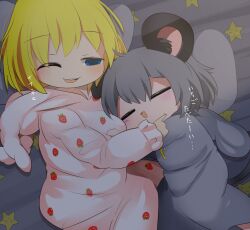 Rule 34 | 2girls, alice margatroid, alternate costume, animal costume, animal ears, blonde hair, blush, cheek poking, closed eyes, commentary request, cookie (touhou), feet out of frame, food print, grey hair, grey robe, ichigo (cookie), lets0020, long sleeves, medium bangs, mouse ears, mouse girl, mouse tail, multiple girls, nazrin, nyon (cookie), one eye closed, open mouth, pillow, poking, rabbit costume, robe, short hair, sleeping, smile, star (symbol), star print, strawberry print, suzu (cookie), tail, teeth, touhou, translation request, upper teeth only