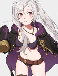 Rule 34 | 1girl, belt, bikini, black coat, blush, breasts, brown belt, coat, commentary, cowboy shot, fire emblem, fire emblem awakening, fire emblem heroes, gluteal fold, grey background, grey hair, highres, jewelry, long sleeves, medium breasts, navel, necklace, nintendo, o-ring, official alternate costume, open clothes, open coat, peach11 01, purple bikini, robin (female) (fire emblem), robin (fire emblem), simple background, sleeves past fingers, sleeves past wrists, solo, standing, stomach, swimsuit, thighs, twintails, underboob