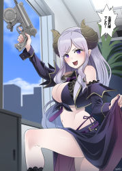 Rule 34 | 1girl, nanashi inc., arm up, belt, between breasts, breasts, butcha-u, cleavage, clothes lift, demon girl, demon horns, detached sleeves, front-tie top, grapple gun, gun, highleg, highleg panties, highres, holding, holding gun, holding weapon, honey strap, horns, lace-trimmed sleeves, lace trim, large breasts, leg up, lifted by self, long hair, long skirt, looking at viewer, mole, mole under mouth, necktie, necktie between breasts, open mouth, panties, purple belt, purple eyes, purple necktie, saionji mary, side-tie panties, silver hair, skirt, skirt lift, solo, triangular headpiece, underwear, virtual youtuber, weapon, window