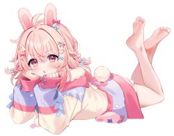 1girl ahoge animal_ears bare_legs barefoot blue_bow blush bow braid chocola_vt commentary crossed_ankles feet feet_up hair_bow hair_ornament heart heart_hair_ornament highres jacket legs_up long_sleeves looking_at_viewer lying on_stomach open_mouth phase_connect pink_eyes pink_hair pipkin_pippa pipkin_pippa_(1st_costume) rabbit_ears rabbit_girl rabbit_hair_ornament sleeves_past_wrists soles solo symbol-only_commentary the_pose toes virtual_youtuber