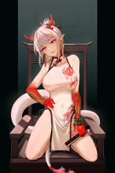 Rule 34 | 1girl, :d, absurdres, arknights, bare shoulders, bead bracelet, beads, bracelet, breasts, chair, china dress, chinese clothes, colored skin, commentary request, covered navel, dress, folded fan, folding fan, groin, hand fan, hand on own hip, head tilt, highres, holding, holding fan, horns, jewelry, large breasts, looking at viewer, medium hair, multicolored hair, nian (arknights), nian (unfettered freedom) (arknights), official alternate costume, open mouth, panana, pelvic curtain, pointy ears, purple eyes, red hair, red skin, revision, seiza, silver hair, sitting, sleeveless, sleeveless dress, smile, solo, streaked hair, tail, thighs, white dress