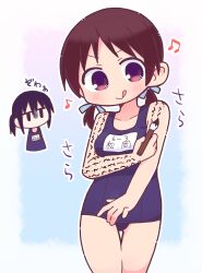 Rule 34 | 2girls, :&gt;, :q, absurdres, black eyes, black hair, blue background, blue one-piece swimsuit, blue ribbon, blush, body writing, border, breasts, brown hair, calligraphy brush, chibi, chibi inset, collarbone, commentary request, cowboy shot, gloom (expression), gradient background, hair ribbon, highres, holding calligraphy brush, holding paintbrush, jitome, large breasts, low twintails, marui hitoha, matsuoka sakiko, miminashi houichi, mitsudomoe, multiple girls, musical note, name tag, one-piece swimsuit, outline, outside border, paintbrush, parody, pink background, pink eyes, ribbon, richard (richaball), school swimsuit, short ponytail, short twintails, solo focus, swimsuit, thigh gap, tongue, tongue out, translation request, twintails, white border, white outline