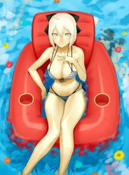 Rule 34 | 1girl, ahoge, bikini, black bow, blue bikini, blush, bow, breasts, cleavage, collarbone, commentary request, fate/grand order, fate (series), flower, from above, front-tie bikini top, front-tie top, gishu, hair bow, highres, inflatable chair, large breasts, looking at viewer, navel, okita souji (fate), okita souji (koha-ace), pool, short hair, side-tie bikini bottom, silver hair, smile, solo, striped bikini, striped clothes, swimsuit