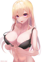 Rule 34 | 1girl, absurdres, areola slip, artist name, barbell piercing, black bra, blonde hair, blush, bra, breasts, closed mouth, collarbone, commentary request, ear piercing, earrings, hair between eyes, highres, industrial piercing, jewelry, kitagawa marin, large breasts, long hair, looking at viewer, mumu mago, navel, open bra, piercing, purple eyes, simple background, solo, sono bisque doll wa koi wo suru, tongue, underwear, underwear only, upper body, white background