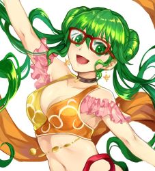 Rule 34 | 1girl, arm up, bespectacled, breasts, choker, cleavage, double bun, earrings, fire emblem, fire emblem: genealogy of the holy war, fire emblem heroes, glasses, green eyes, green hair, jewelry, jurge, long hair, medium breasts, navel, nintendo, open mouth, red-framed eyewear, silvia (fire emblem), simple background, solo, upper body, white background
