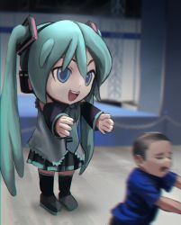 Rule 34 | 1boy, 1girl, absurdres, aqua eyes, aqua hair, aqua necktie, bare shoulders, black skirt, black sleeves, blue eyes, boots, child, commentary, cosplay, detached sleeves, english commentary, full body, grey shirt, hair ornament, hatsune miku, headphones, highres, kigurumi, knee boots, long hair, mikudayoo, miniskirt, motion blur, necktie, open mouth, outstretched arms, photo-referenced, pleated skirt, reaching, running, scaffolding, shirt, skirt, sleeveless, sleeveless shirt, smile, stage, standing, twintails, vertigris, very long hair, vocaloid