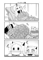 Rule 34 | 10s, 3girls, abyssal ship, alternate costume, blush, comic, contemporary, covered mouth, closed eyes, greyscale, highres, horns, japanese clothes, kantai collection, kimono, long hair, massage chair, mittens, monochrome, moomin, multiple girls, muppo, northern ocean princess, nose blush, revision, seaport princess, single horn, translated, yamato nadeshiko, yukata, | |