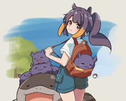 Rule 34 | 1girl, backpack, bag, blush, brown bag, clodsire, closed mouth, commentary, creatures (company), elun (elun 00), game freak, glint, green shorts, grey eyes, highres, holding strap, hololive, hololive english, looking at viewer, looking back, ninomae ina&#039;nis, nintendo, pointy ears, poke ball, poke ball (basic), pokemon, pokemon (creature), ponytail, shirt, short sleeves, shorts, smile, takodachi (ninomae ina&#039;nis), tentacle hair, virtual youtuber, white shirt