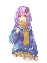 Rule 34 | 1girl, bad id, bad twitter id, blush, brown scarf, brown skirt, cardigan, covered mouth, cowboy shot, hair between eyes, hair ornament, long hair, long sleeves, looking at viewer, low twintails, miniskirt, oweee, pleated skirt, purple eyes, purple hair, scarf, simple background, skirt, solo, twintails, vocaloid, voiceroid, white background, yuzuki yukari