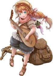 Rule 34 | 1girl, :d, ahoge, aqua eyes, arrow (projectile), backpack, bad id, bad pixiv id, bag, bloomers, bow (weapon), braid, braided ponytail, brown hair, crossbow, eighth note, frilled sleeves, frills, hat, head tilt, highres, instrument, long hair, looking at viewer, low ponytail, lute (instrument), music, musical note, nekoita, open mouth, original, playing instrument, quiver, sandals, short sleeves, single braid, smile, solo, standing, underwear, weapon, white background