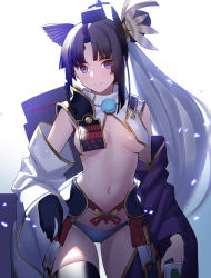 Rule 34 | 1girl, armor, asymmetrical sleeves, bare shoulders, black gloves, black hat, black thighhighs, blue panties, blue pants, breasts, closed mouth, cowboy shot, detached sleeves, fate/grand order, fate (series), feather hair ornament, feathers, gloves, hair ornament, hat, highres, holding, holding sword, holding weapon, japanese armor, kusazuri, long hair, long sleeves, looking at viewer, medium breasts, mismatched sleeves, navel, panties, pants, parted bangs, pauldrons, pom pom (clothes), purple eyes, revealing clothes, shoulder armor, side ponytail, sidelocks, siino, simple background, single glove, solo, stomach, sword, thighhighs, underwear, ushiwakamaru (fate), very long hair, weapon, white background, wide sleeves