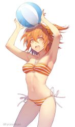 Rule 34 | 1girl, armpits, arms up, ball, bandeau, bare arms, bare legs, bare shoulders, beachball, bikini, breasts, collarbone, fate/grand order, fate (series), fujimaru ritsuka (female), fujimaru ritsuka (female) (brilliant summer), hair between eyes, half updo, halterneck, kazuki yone, looking at viewer, medium breasts, medium hair, midriff, navel, o-ring, o-ring bikini, official alternate costume, open mouth, orange bikini, orange hair, side-tie bikini bottom, stomach, striped bikini, striped clothes, swimsuit, thighs, white background