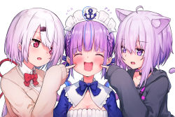 Rule 34 | 3girls, blush, breasts, cheek poking, cleavage, closed eyes, hair ornament, happy, highres, hololive, kutar22, looking at another, maid headdress, minato aqua, minato aqua (1st costume), multiple girls, nekomata okayu, nekomata okayu (1st costume), nijisanji, open mouth, poking, portrait, purple hair, school uniform, shiina yuika, shiina yuika (1st costume), virtual youtuber, white background