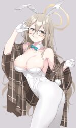 Rule 34 | 1girl, akane (blue archive), akane (bunny) (blue archive), animal ears, blue archive, bow, bowtie, breasts, brown eyes, brown shawl, cleavage, detached collar, fake animal ears, fake tail, glasses, gloves, hair between eyes, halo, kumadano, large breasts, leotard, light brown hair, long hair, looking at viewer, pantyhose, playboy bunny, rabbit ears, rabbit girl, rabbit tail, shawl, simple background, smile, solo, strapless, strapless leotard, tail, very long hair, white gloves, white leotard, white pantyhose