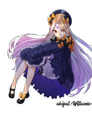 Rule 34 | 1girl, abigail williams (fate), absurdres, black bow, black footwear, black ribbon, blonde hair, blue dress, blue headwear, bow, character name, closed mouth, dress, eyes visible through hair, fate/grand order, fate (series), floating hair, full body, gradient hair, hair between eyes, hair bow, hands on own knees, highres, long hair, looking at viewer, mary janes, multicolored hair, multiple hair bows, orange bow, parted bangs, popo ot, red eyes, ribbon, shoes, shorts, shorts under dress, silver hair, simple background, sleeves past fingers, sleeves past wrists, smile, solo, very long hair, white background, white shorts