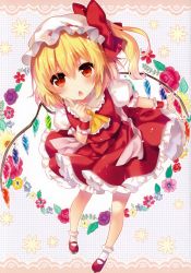 Rule 34 | 1girl, absurdres, ascot, blush, chestnut mouth, crystal, finger to cheek, flandre scarlet, floral background, full body, furrowed brow, hat, hat ribbon, highres, looking at viewer, mary janes, mob cap, non-web source, open mouth, pointing, pointing up, puffy sleeves, red eyes, ribbon, riichu, scan, shirt, shoes, short hair, short sleeves, side ponytail, skirt, skirt set, socks, solo, touhou, vest, white socks, wings, wrist cuffs