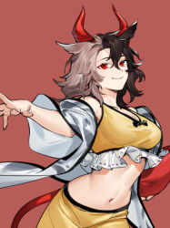 Rule 34 | 1girl, animal ears, bare shoulders, black hair, breasts, cleavage, cow ears, cow horns, cow tail, hair between eyes, haori, horns, hug (yourhug), japanese clothes, large breasts, long sleeves, looking at viewer, midriff, multicolored hair, navel, off shoulder, outstretched arm, red background, red eyes, short hair, silver hair, simple background, smile, solo, split-color hair, sports bra, stomach, tail, touhou, two-tone hair, upper body, ushizaki urumi, wide sleeves
