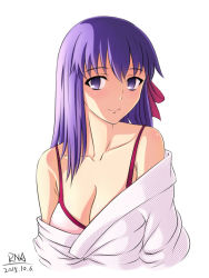 Rule 34 | 1girl, bare shoulders, bikini, bikini under clothes, breasts, cleavage, collarbone, dated, fate/stay night, fate (series), hair ribbon, long hair, looking at viewer, matou sakura, off shoulder, purple eyes, purple hair, ribbon, rna (angel-smelter), signature, simple background, smile, solo, swimsuit, upper body, white background, white bikini