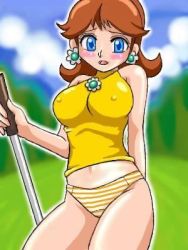 Rule 34 | 1girl, blue eyes, blush, breasts, brown hair, covered erect nipples, earrings, embarrassed, female focus, jewelry, konpeto, large breasts, lowres, mario (series), mario golf, midriff, navel, nintendo, no pants, open mouth, outdoors, panties, princess daisy, short hair, sky, sleeveless, solo, striped clothes, striped panties, super mario bros. 1, super mario land, underwear