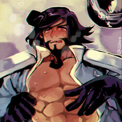 Rule 34 | 1boy, abs, ahoge, artist request, bara, bare pectorals, beard, blush, dark-skinned male, dark skin, drooling, facial hair, full beard, gloves, highres, jacket, large pectorals, looking at viewer, lying, male focus, mature male, muscular, muscular male, nipples, on back, open clothes, open jacket, pectorals, pencil mustache, rashid (street fighter), solo, street fighter, street fighter 6, sweat