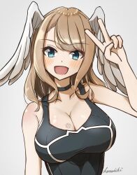 Rule 34 | 1girl, armpit crease, black bodysuit, black choker, blue eyes, blush, bodysuit, breast tattoo, breasts, brown hair, choker, cleavage, dot nose, eunie (xenoblade), grey background, head wings, highres, kanuici336, large breasts, looking at viewer, medium hair, open mouth, signature, simple background, smile, solo, swept bangs, tattoo, wings, xenoblade chronicles (series), xenoblade chronicles 3