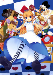 Rule 34 | alcohol, alice (alice in wonderland), alice in wonderland, blonde hair, blue eyes, bread, buttons, card, floating card, food, kirishima satoshi, pantyhose, playing card, solo, striped clothes, striped pantyhose, typewriter, wine