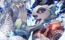 Rule 34 | back bow, bad id, bad pixiv id, blue background, blue eyes, blush, bow, colored sclera, creatures (company), crystal, dutch angle, from side, froslass, game freak, gen 4 pokemon, half-closed eyes, hands up, ice, looking at viewer, looking to the side, nintendo, no humans, pokemon, pokemon (creature), profile, red bow, sash, skeleton, skull, solo, yellow sclera, yukifuri tsuyu