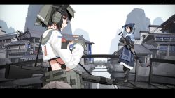 Rule 34 | 1girl, 2girls, absurdres, architecture, assault rifle, barcode, belt, black gloves, black hair, black pantyhose, blue dress, blue hat, bridge, building, chinese text, closed mouth, combat knife, dress, earpiece, east asian architecture, emblem, facial tattoo, flag, food, glasses, gloves, gun, half-closed eyes, handgun, hat, highres, holding, holding food, holding gun, holding weapon, imi galil, knife, layered sleeves, letterboxed, lidi ahye yesemo, long sleeves, md5 mismatch, medium dress, midriff, military, mountain, multiple girls, original, pantyhose, print dress, rifle, short hair, short over long sleeves, short sleeves, smile, solo, tattoo, throat microphone, transmission tower, trigger discipline, twitter username, utility belt, vectorek, weapon