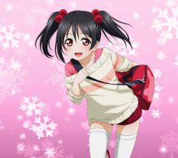 Rule 34 | 1girl, artist name, artist request, black hair, blush, bow, breasts, carrying, carrying bag, collarbone, female focus, hair bobbles, hair bow, hair ornament, highres, long sleeves, looking at viewer, love live!, love live! school idol festival, love live! school idol project, pants, parted lips, pink shirt, red eyes, red footwear, red pants, shirt, shoes, short hair, small breasts, smile, solo, standing, standing on one leg, sweater, twintails, white legwear, white sweater, yazawa nico