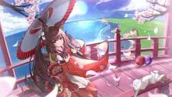 Rule 34 | 1girl, absurdres, amagi-chan (azur lane), animal ears, architecture, azur lane, beach, bell, blue sky, blunt bangs, bridge, brown hair, cat, cherry blossoms, cloud, cloudy sky, commentary, detached sleeves, east asian architecture, fisheye, fox ears, fox girl, fox tail, from above, hair ornament, highres, holding, holding umbrella, horizon, japanese clothes, kimono, kitsune, kyuubi, lemontea (ekvr5838), long hair, long sleeves, looking at viewer, looking up, mountainous horizon, multiple tails, ocean, off shoulder, oil-paper umbrella, petals, purple eyes, rope, shimenawa, sidelocks, sky, tail, tree, twintails, umbrella, wide sleeves, wind