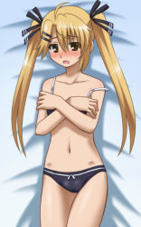 Rule 34 | 00s, 1girl, ahoge, awa, bed, blonde hair, blue panties, blush, bow, bow panties, bra, brown eyes, cameltoe, crossed arms, embarrassed, flat chest, from above, hair ornament, hair ribbon, hairclip, hip bones, kirishima kotone, lingerie, long hair, lying, navel, nyan koi!, on back, open mouth, panties, ribbon, solo, strap slip, twintails, underwear, underwear only